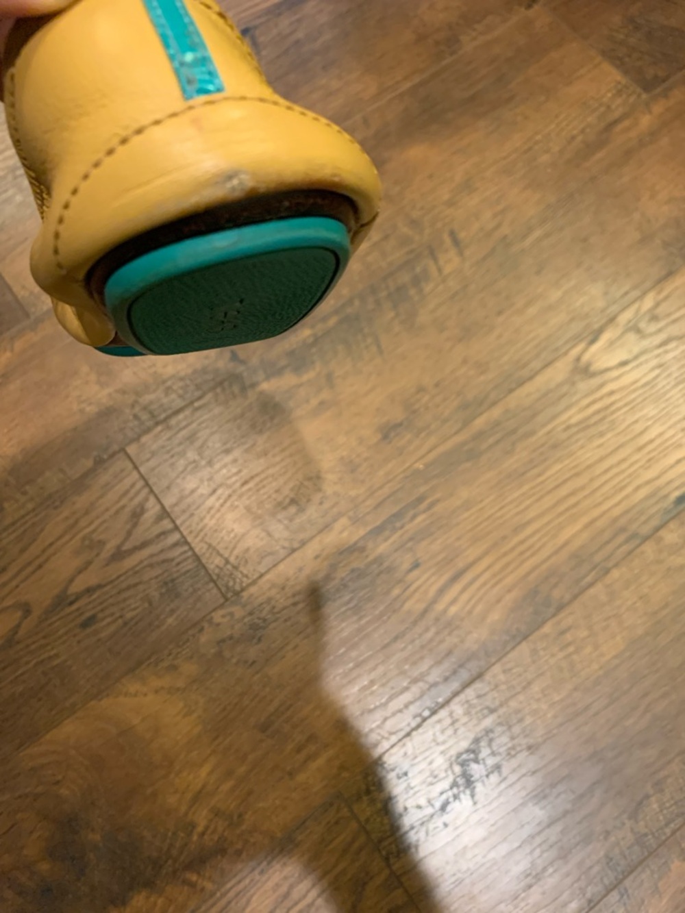 Tieks Mustard Yellow Leather Ballet Flats with Teal Heel Tab - Picture 7 of 8